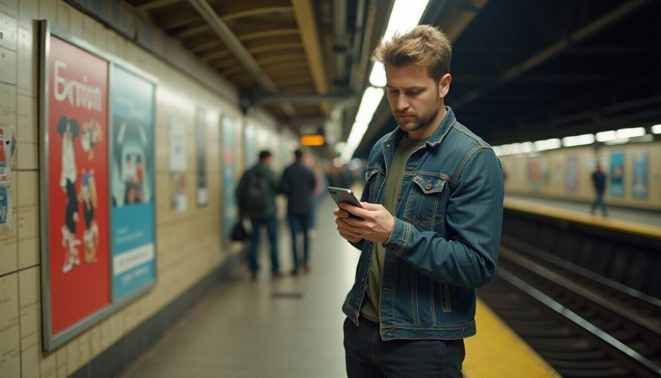 A casually dressed man in his 30s stands alone on a subway platform, looking worriedly at his phone.