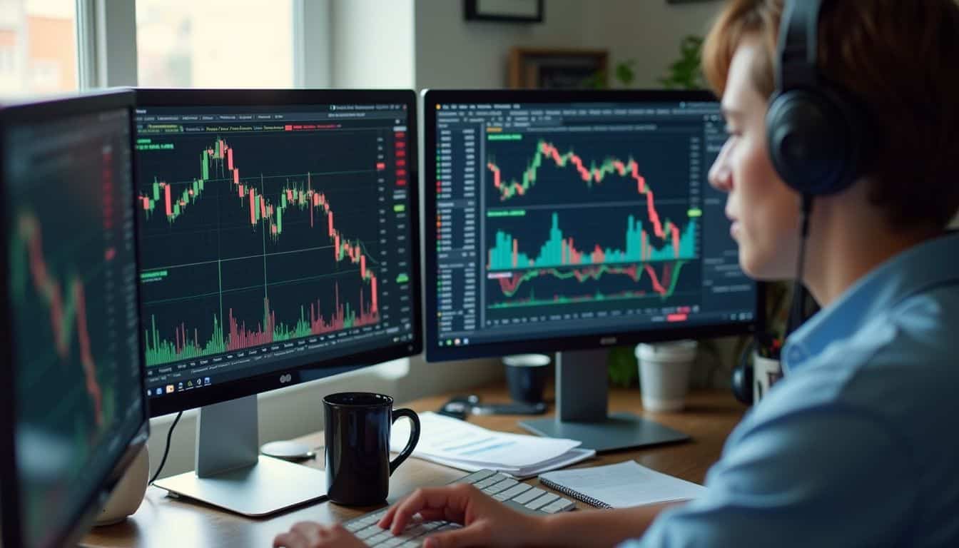 A person works casually in a cluttered office, focused on multiple screens showing cryptocurrency prices and charts.