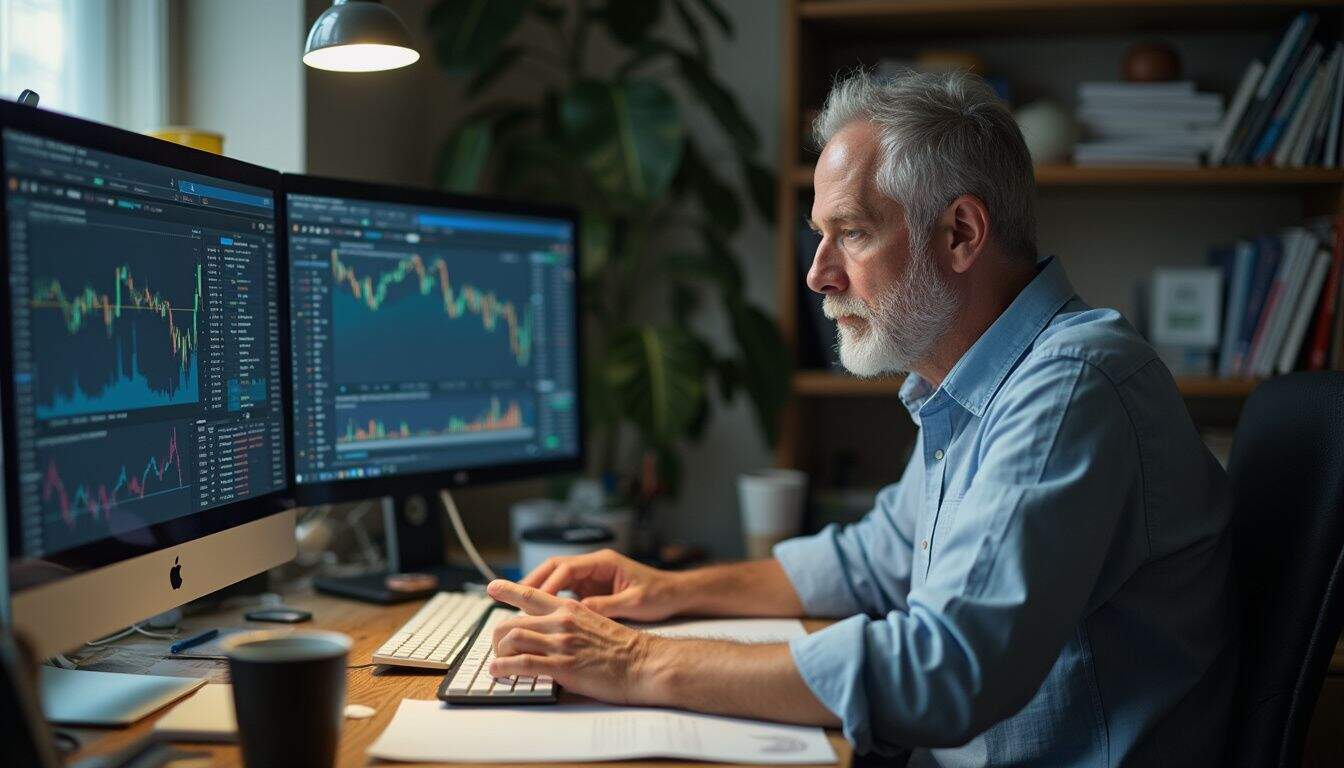A middle-aged man sits at a cluttered desk, concentrating on cryptocurrency information displayed on multiple computer screens.