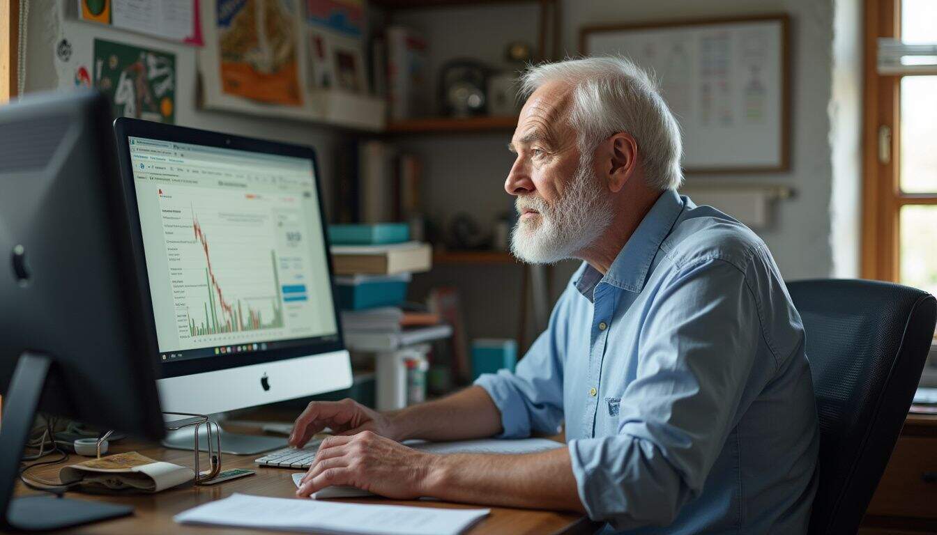 An older man sits at a cluttered desk, focused on financial charts related to cryptocurrency market stability.