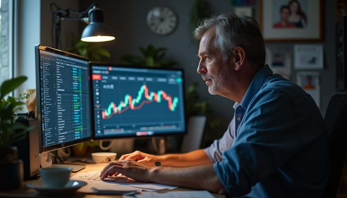 A casually dressed person in their mid-40s sits at a cluttered desk, reflecting on computer screens displaying Bitcoin and ETF data.