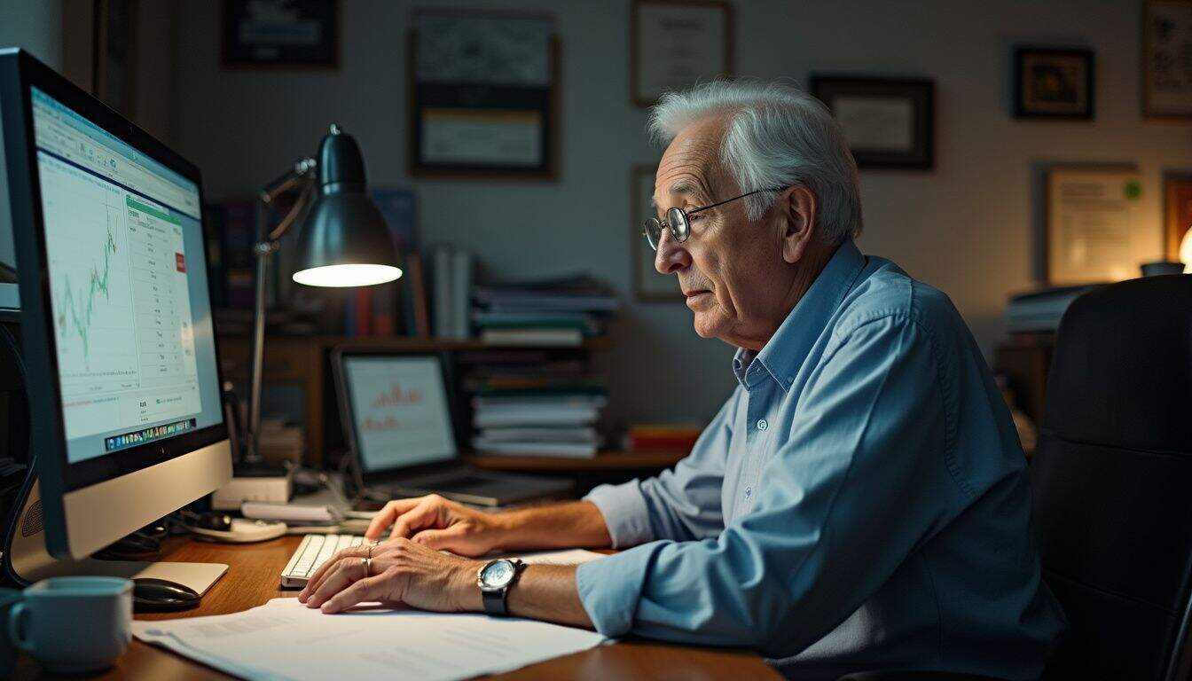 An older man in casual attire focuses on financial charts at his cluttered brokerage office desk.