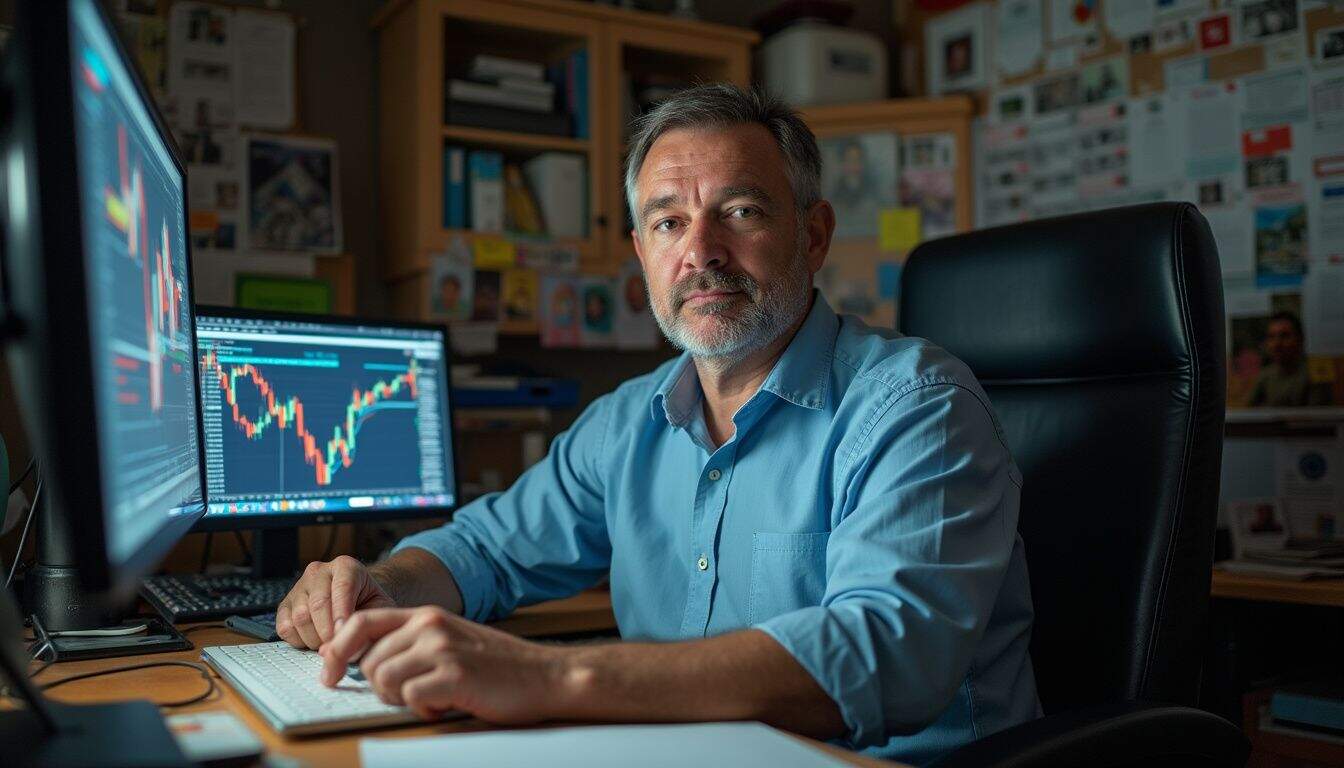 A relaxed man in his 40s casually monitors crypto markets at a cluttered office desk.