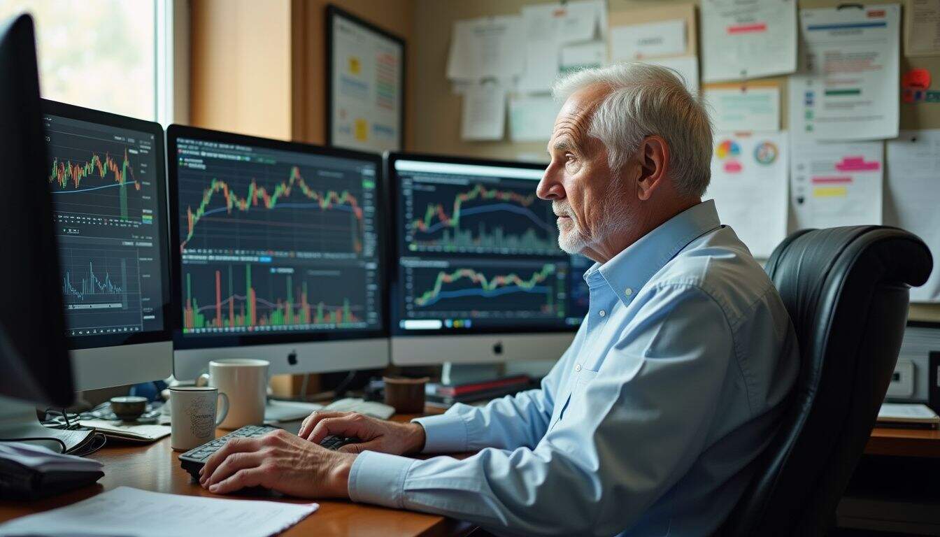 An older man works at a cluttered desk, focused on market charts displayed on multiple computer screens.