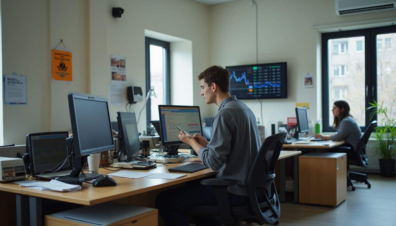 A casual office scene shows cluttered desks, older computers, and a worker engaged in routine tasks amidst cryptocurrency price updates.