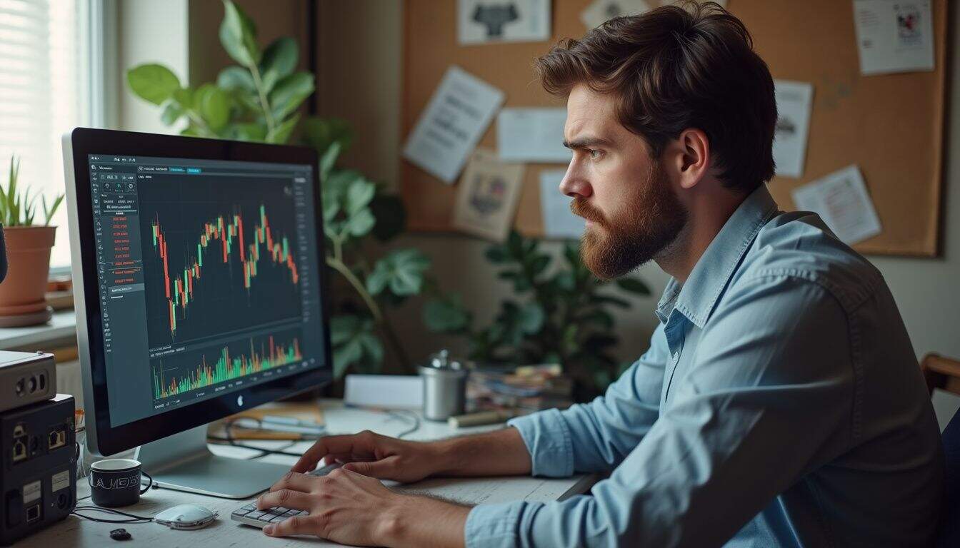 A man in his 30s looks concerned while studying cryptocurrency graphs at his cluttered desk.