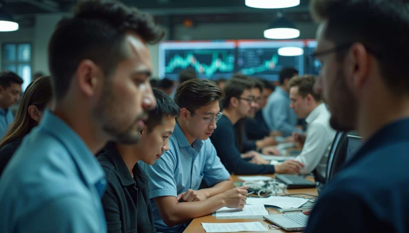 A bustling cryptocurrency trading floor filled with focused individuals engaged in their tasks amidst scattered papers and equipment.