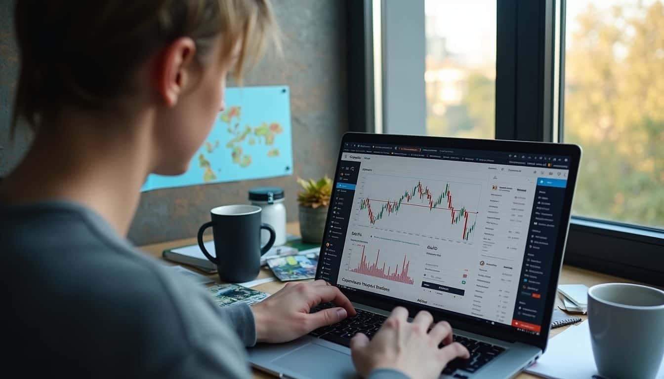 A person casually browses a cryptocurrency trading site at a cluttered desk, focused yet relaxed in a casual setting.