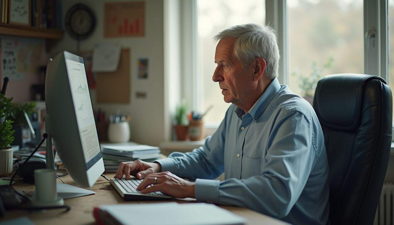 A middle-aged man sits at a cluttered desk, focused on his computer screen while reviewing investment information.