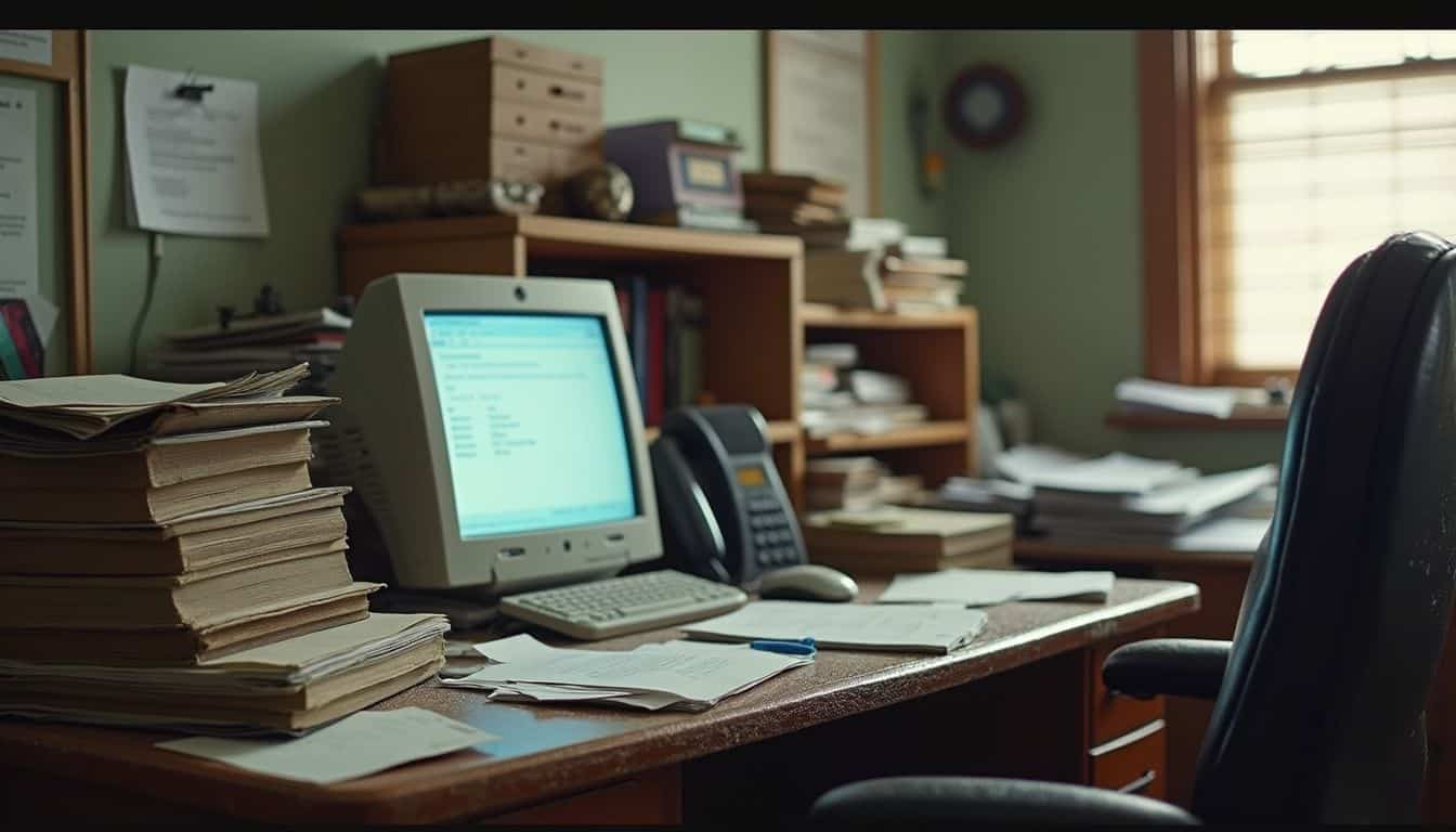 A cluttered office filled with legal books and scattered papers. A cluttered office filled with legal books and scattered papers.