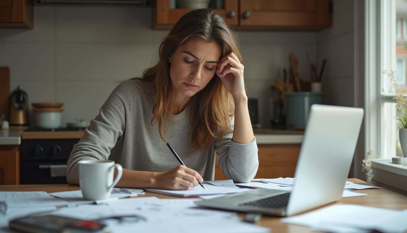 A determined woman works on legal notes at a cluttered kitchen table. A determined woman works on legal notes at a cluttered kitchen table.