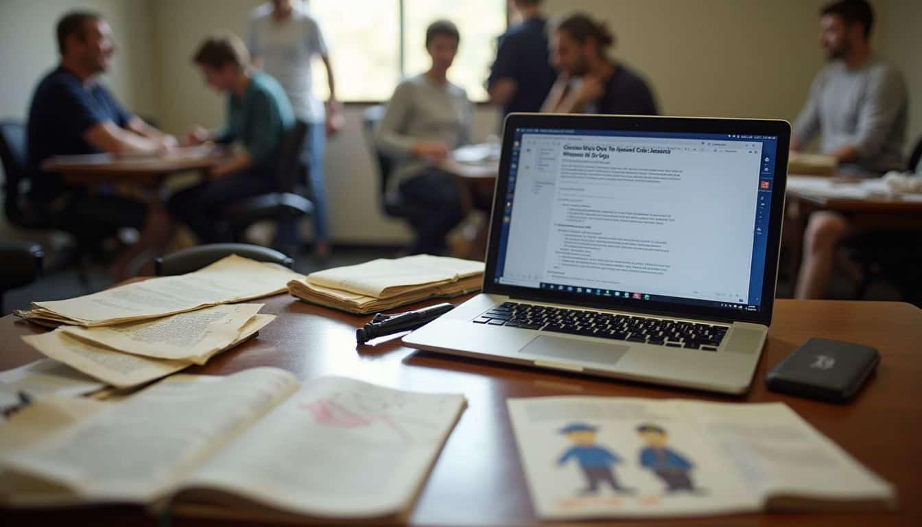 A cluttered desk features legal books, a laptop, and children's drawings. A cluttered desk features legal books, a laptop, and children's drawings.