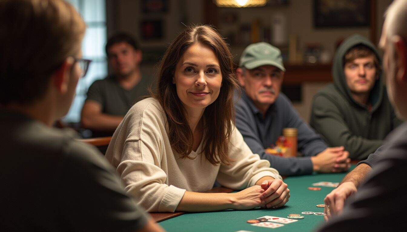 A friendly game host sits with a group of focused poker players.