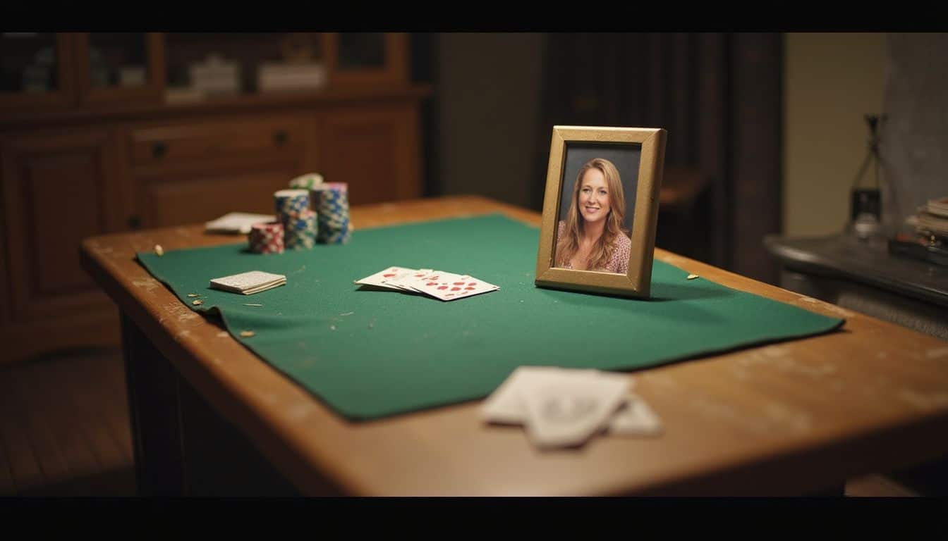 Poker chips, cards, and a framed photo of Poker Momma on a rustic table.