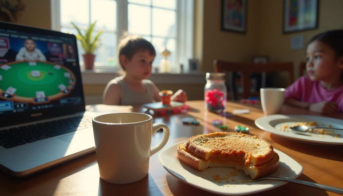 A dining table with kids' toys, a laptop, and a coffee cup, showing work-life balance.