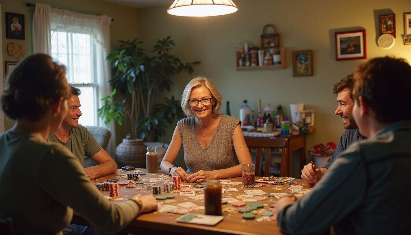A relaxed host runs a friendly home poker game in a cozy living room.