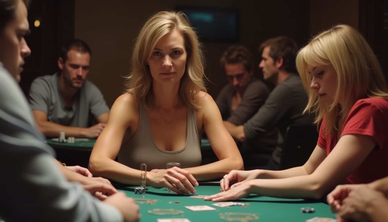 A woman plays a lively cash game at a busy casino table.