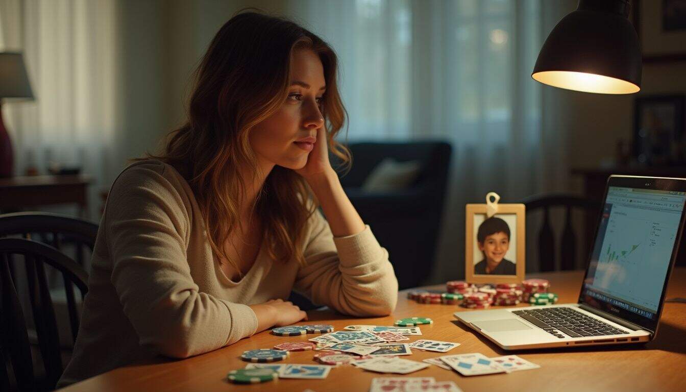A casual player studies her cards at a cluttered table, planning her next steps.