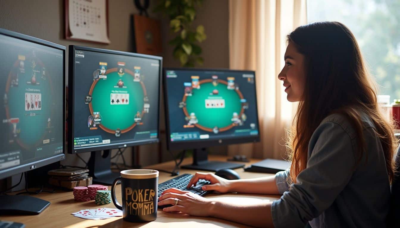 A home streaming desk with a poker client open and a calendar marked for Twitch and YouTube.
