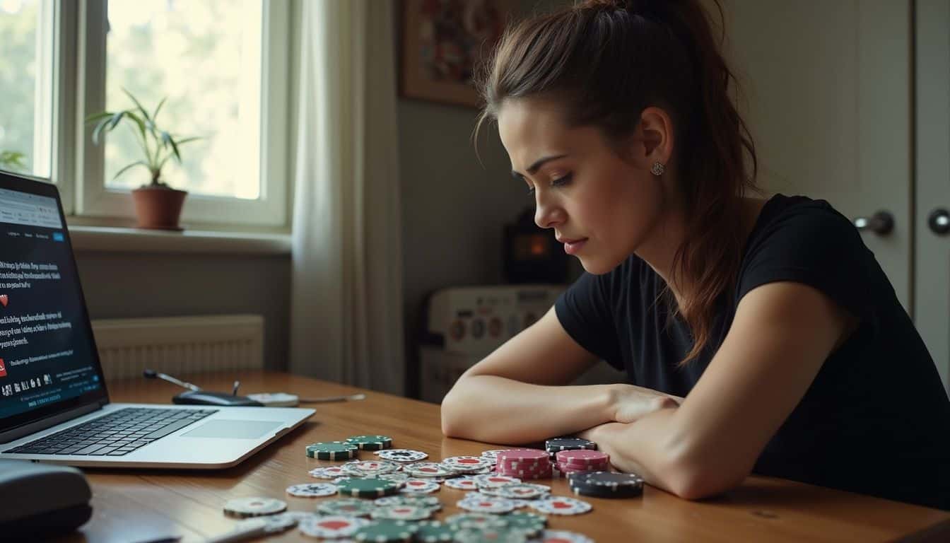 A focused woman plans her next poker move with chips and cards on the table.