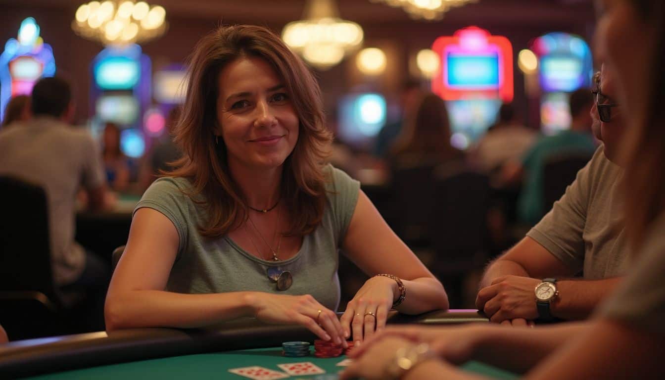 A woman takes part in a busy casino poker game during a memorable session.