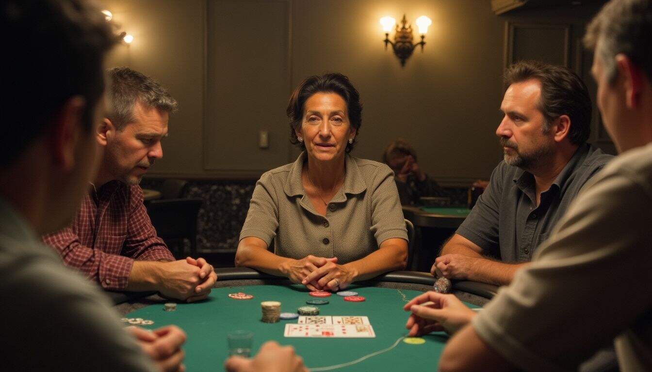 A woman keeps her cool during a small casino poker night with mostly male players.