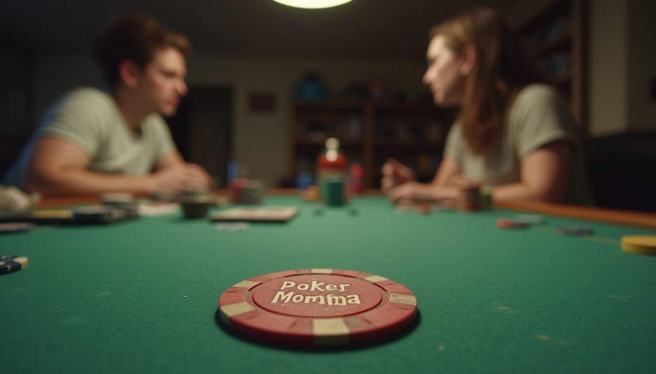 A poker table with a custom chip labeled Poker Momma and a player in the background.
