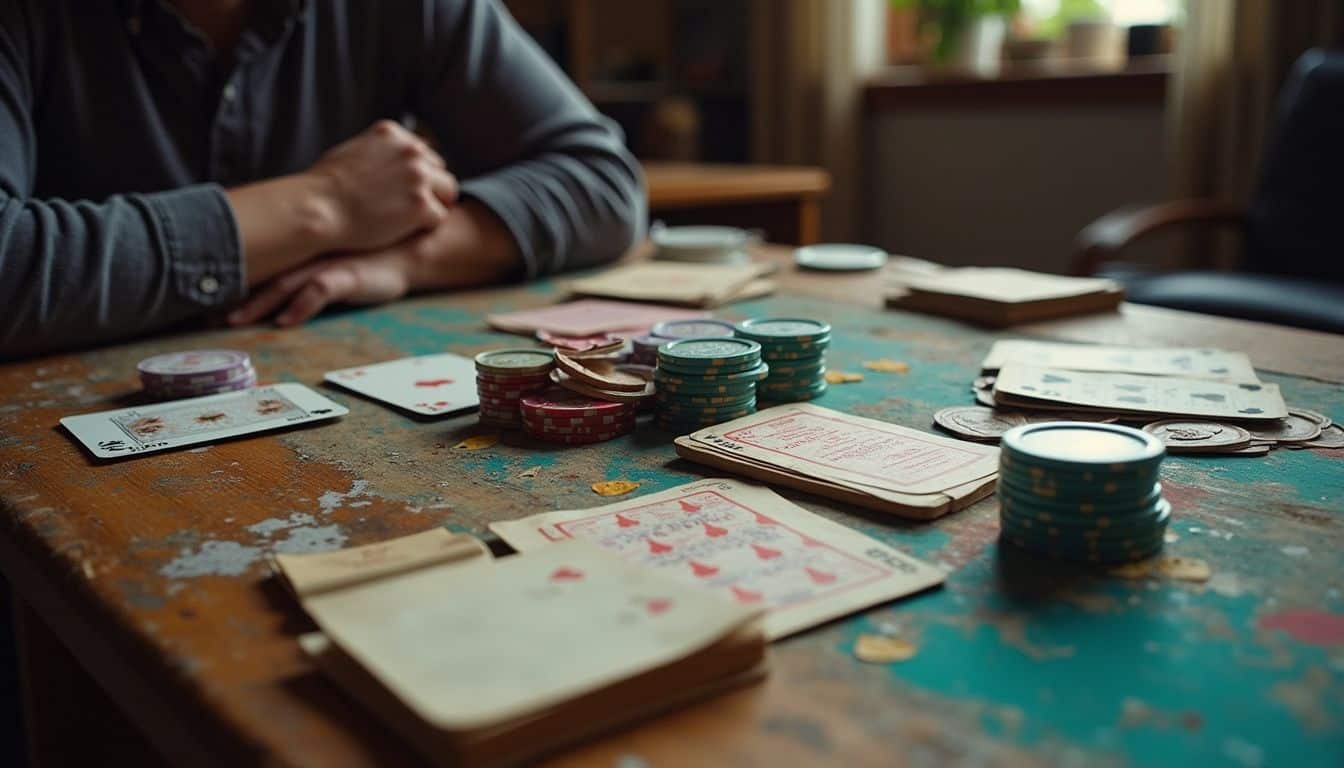 Poker notes with chips, cards, and short strategy reminders on a wooden table.