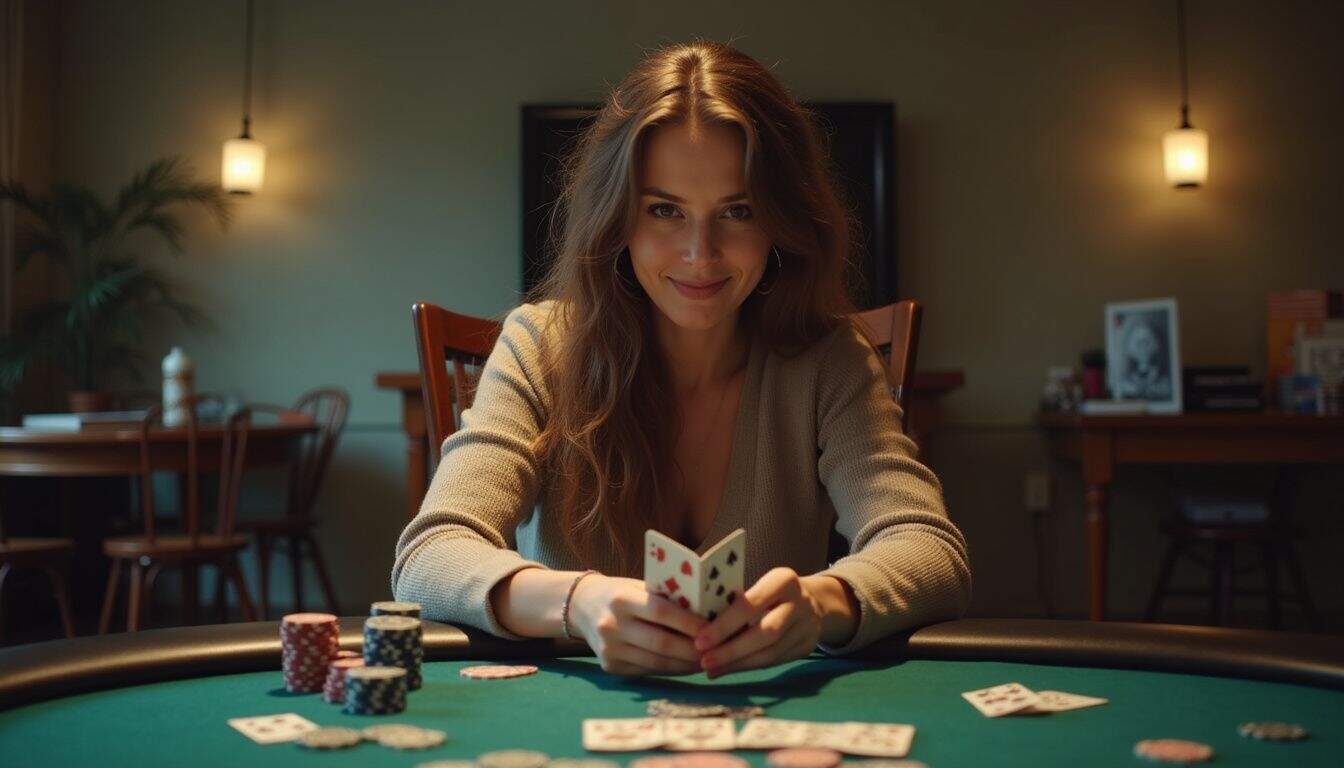 A focused player studies her cards during a tense moment at a poker table.