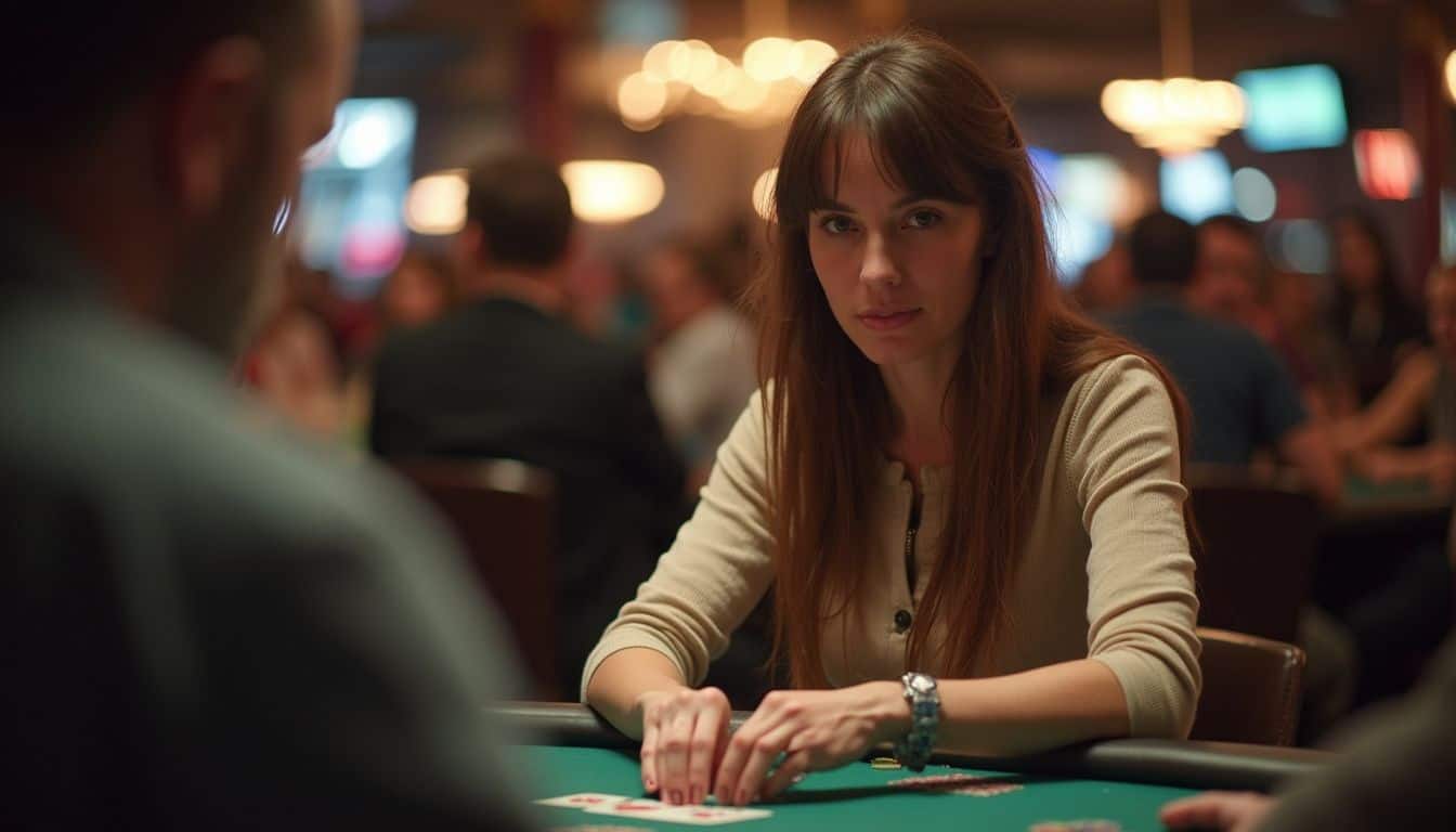 A woman plays a casual poker session inside a busy Dallas card room.