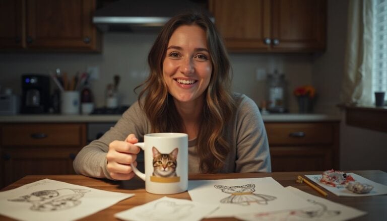 Relaxed woman enjoying morning coffee in cozy kitchen with cat-themed mug, surrounded by sketches and art supplies, showcasing a cheerful and creative start to the day.