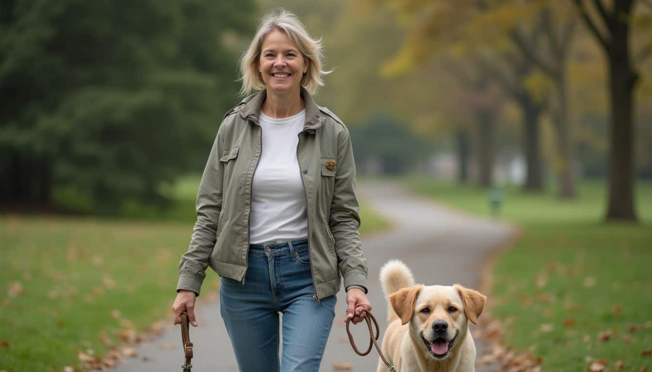 A woman in casual attire walks her dog in a park, smiling naturally during a relaxed afternoon stroll.