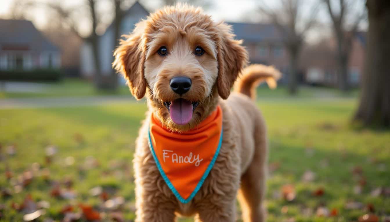 A golden doodle wearing a wrinkled bandana stands on patchy grass in a neighborhood park surrounded by fall leaves.