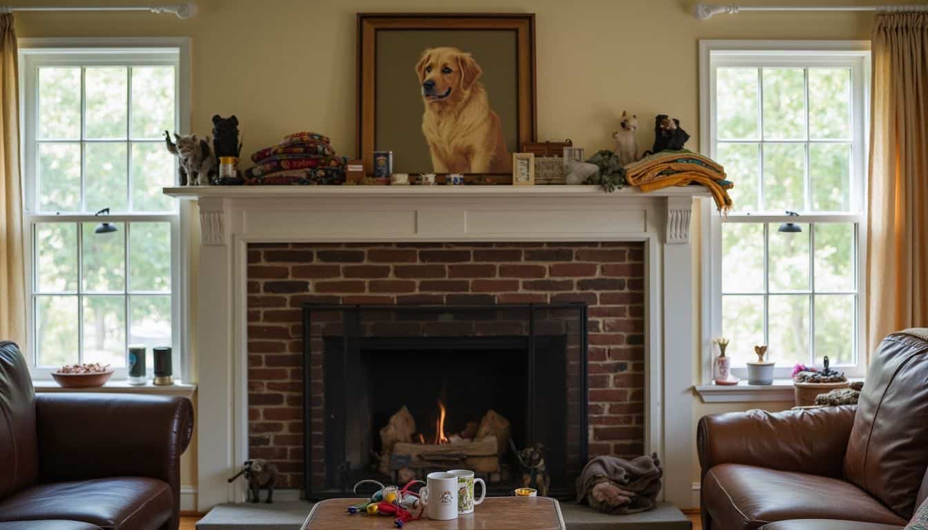 A cozy living room mantel displays a hand-painted dog portrait and pet items, reflecting a warm and lived-in atmosphere.