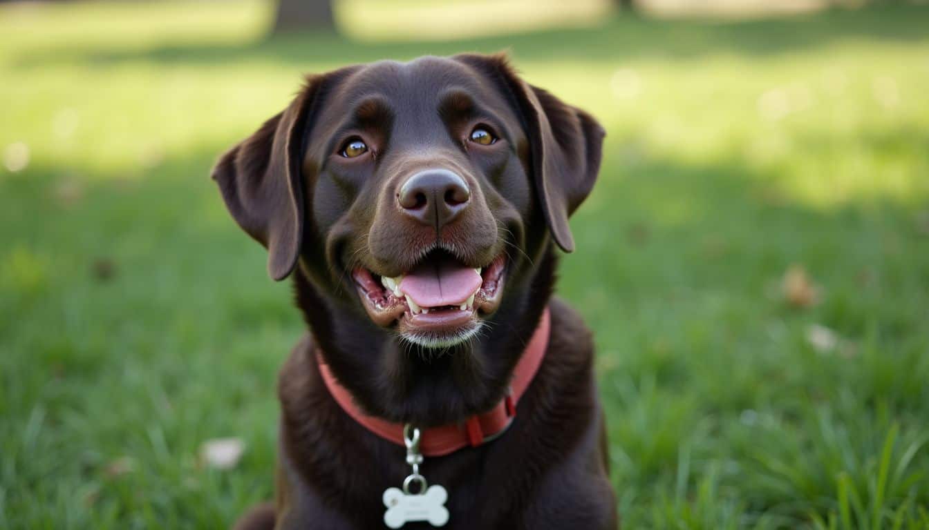 A relaxed Labrador retriever enjoys a sunny afternoon in a grassy park, captured during a casual moment.