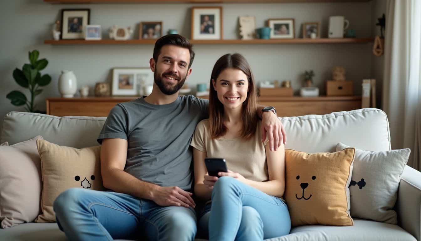 A couple sits casually on a cozy couch surrounded by pet-themed decor and personal mementos.