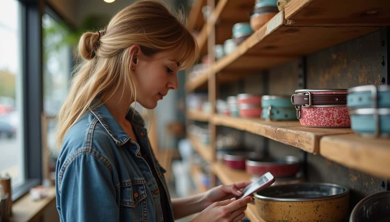 A woman browses handmade pet collars and bowls in a cozy, lived-in pet store.