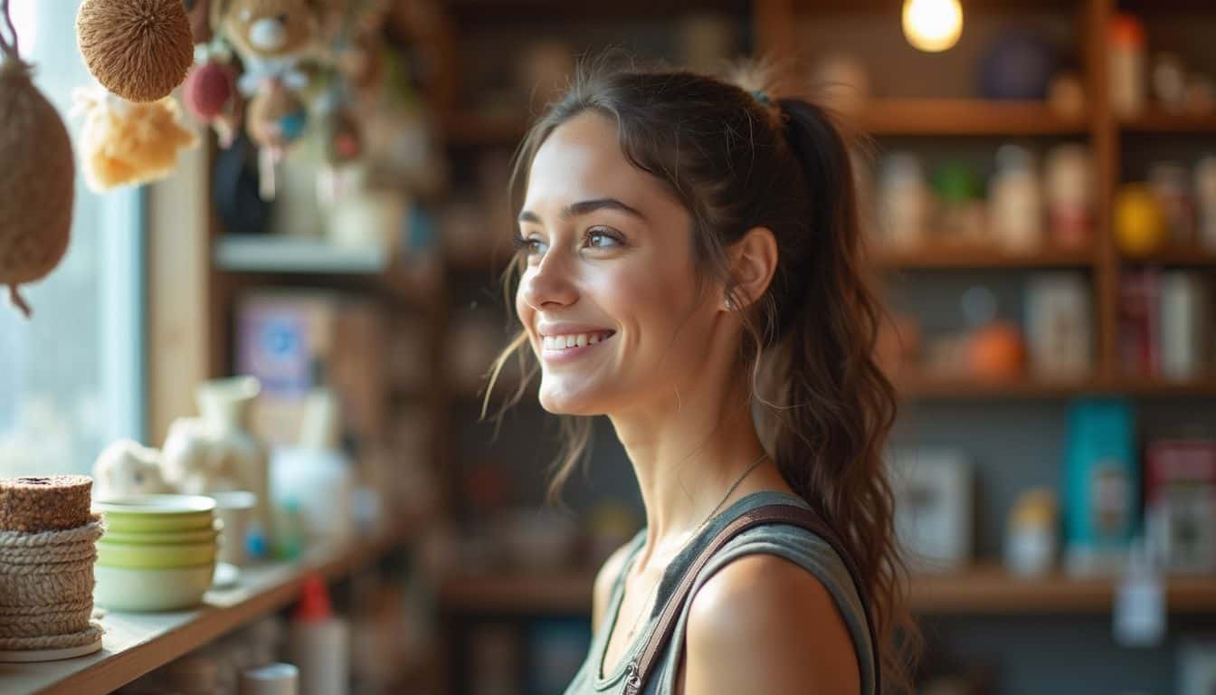 A woman in her 30s smiles while browsing eco-friendly pet accessories in a crowded pet store.