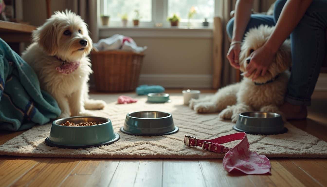 A cozy, lived-in living room with pet essentials and a casual atmosphere reflects everyday life.