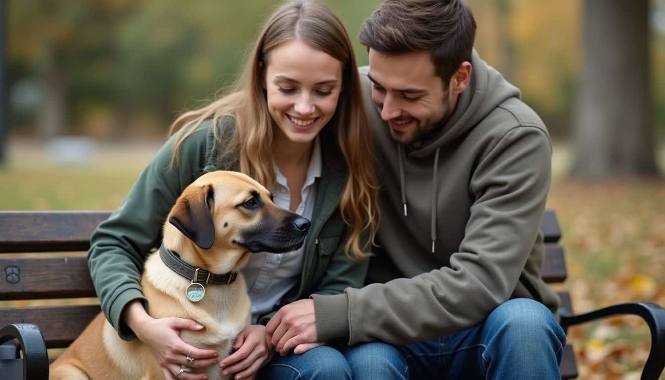 A young couple sits on a park bench with their dog, enjoying a casual moment outdoors.