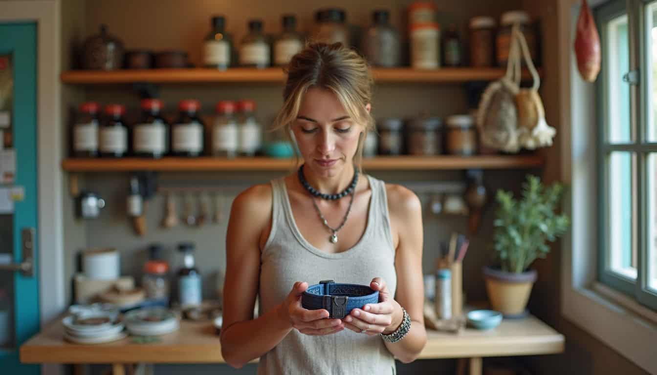 A woman in her 30s casually examines a handmade pet collar in a cozy artisan shop filled with pet items.