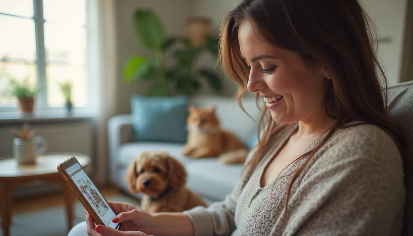 A woman in her 30s smiles at a homemade pet portrait while her pet relaxes beside her in the living room.