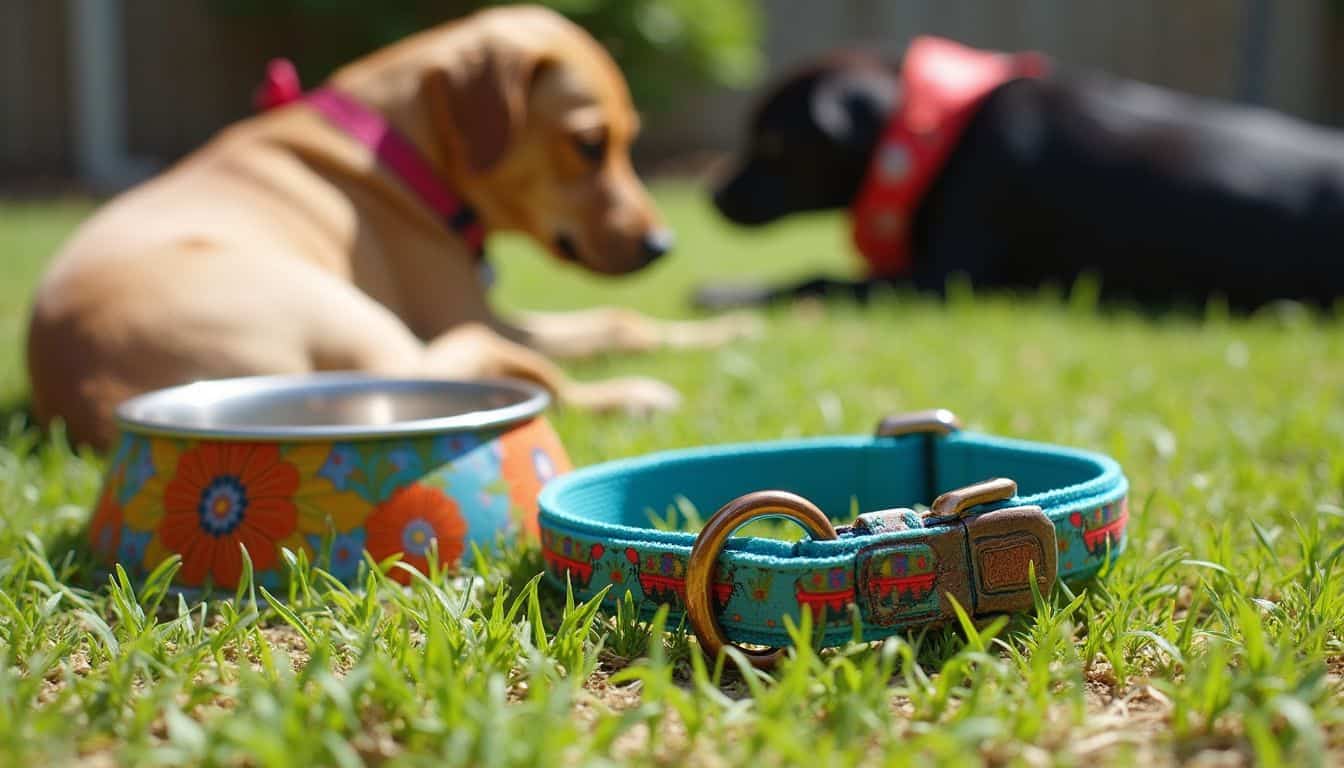 A colorful dog collar rests on grass beside a matching bowl and crumpled bandana, with dogs nearby.