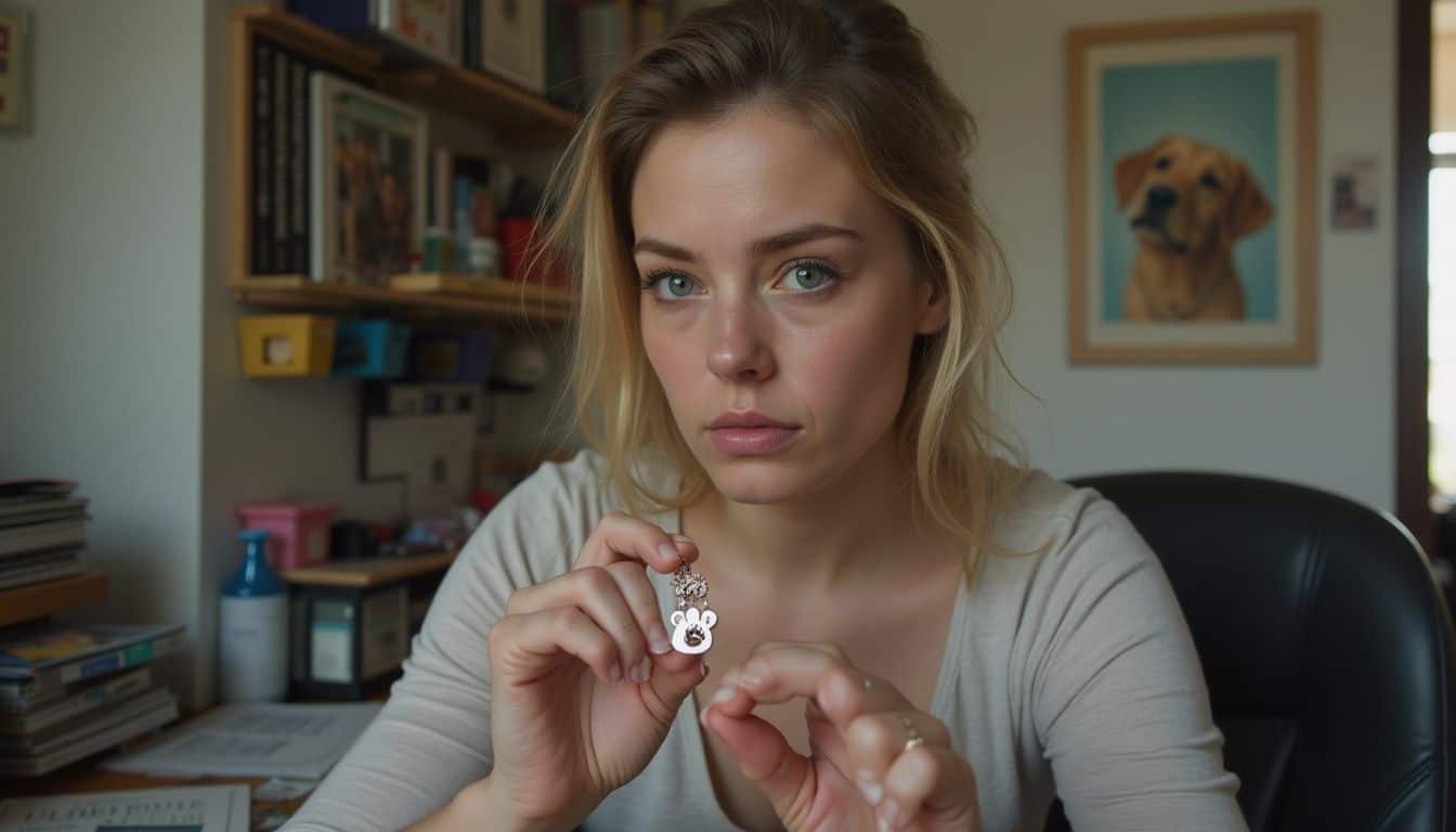A woman in her 30s holds pet memorial jewelry, visibly upset, in a cluttered, personal space.