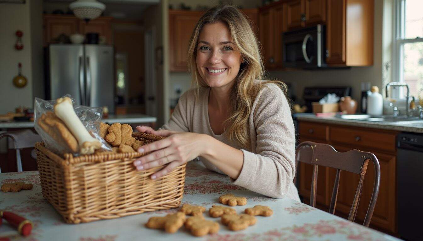 A woman casually unpacks a gift basket filled with dog treats on a cluttered kitchen table.