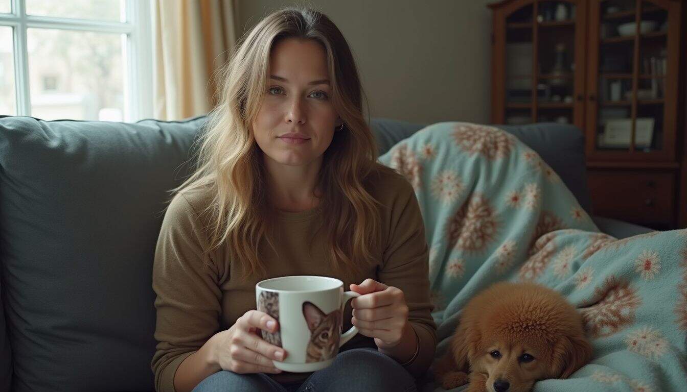 A woman in her thirties sits on a couch, relaxed with a pet-themed mug and blanket beside her.