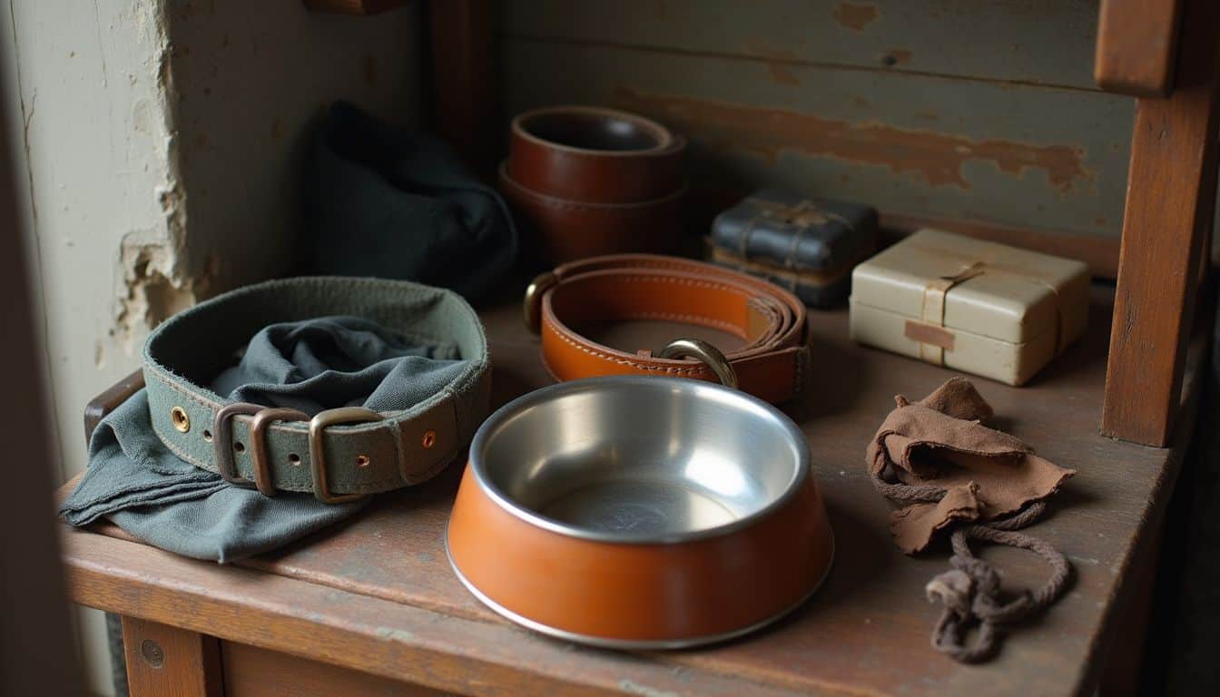 A cozy corner displays a dog's collar, bandana, and bowl amidst scattered everyday materials, reflecting a lived-in space.