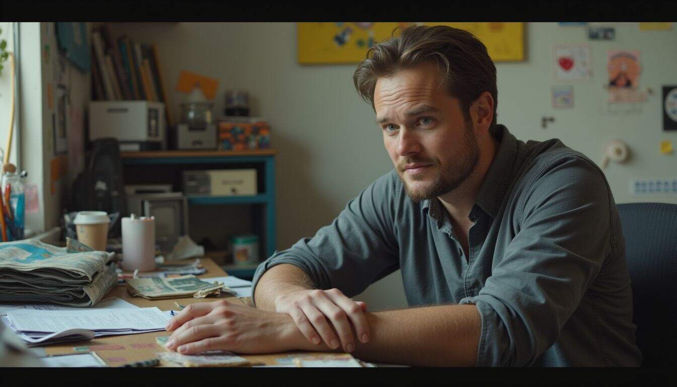 A man in his 30s sits at a cluttered desk, contemplating a difficult decision while glancing at cigarettes nearby. A man in his 30s sits at a cluttered desk, contemplating a difficult decision while glancing at cigarettes nearby.