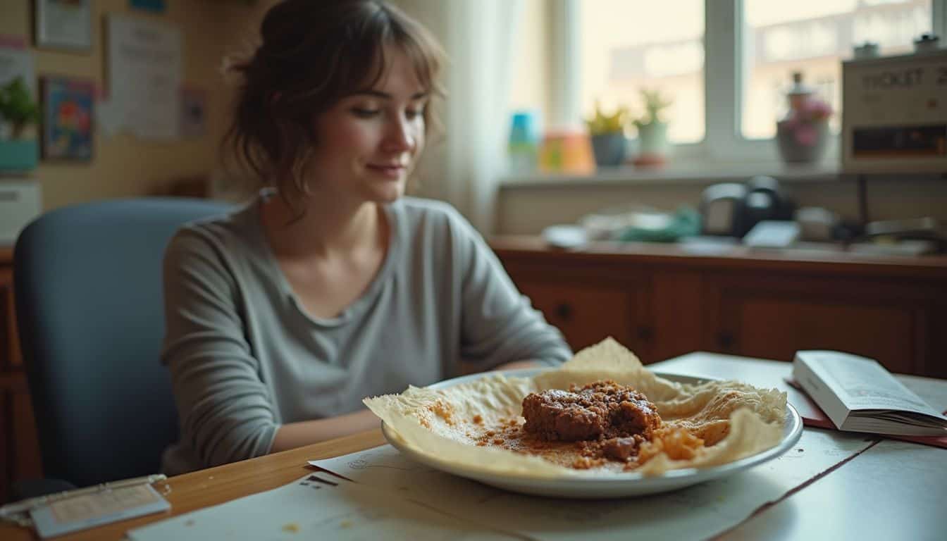 A casually dressed person relaxes by a cluttered desk with a half-eaten meal and an open box of chocolates. A casually dressed person relaxes by a cluttered desk with a half-eaten meal and an open box of chocolates.