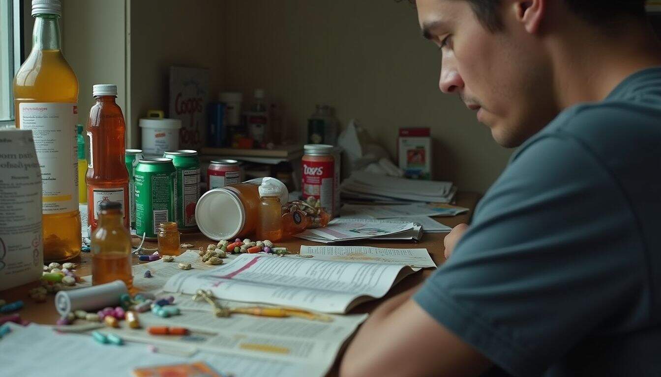 A cluttered desk with pill bottles and alcohol cans reflects a tense atmosphere in a lived-in space. A cluttered desk with pill bottles and alcohol cans reflects a tense atmosphere in a lived-in space.